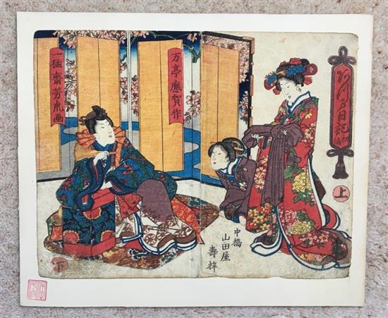 Four Japanese woodblock prints of figures by Suntei, Kunisada, Toyokuni, etc., largest 36 x 26cm, unframed, Ex Joe Hloucha collection